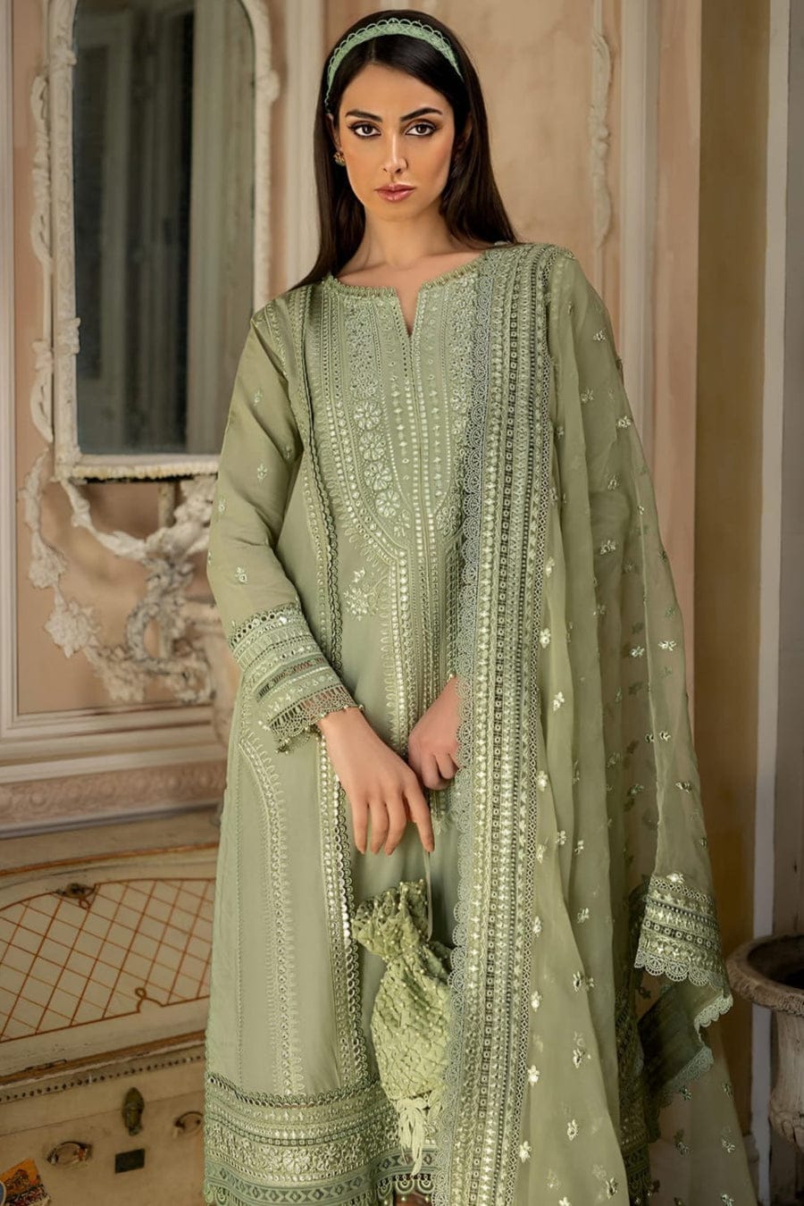 SP-SN60 3Pc Sequence Embroidered Lawn Suit With Sequence Embroidered Organza Dupatta - Shaa Posh