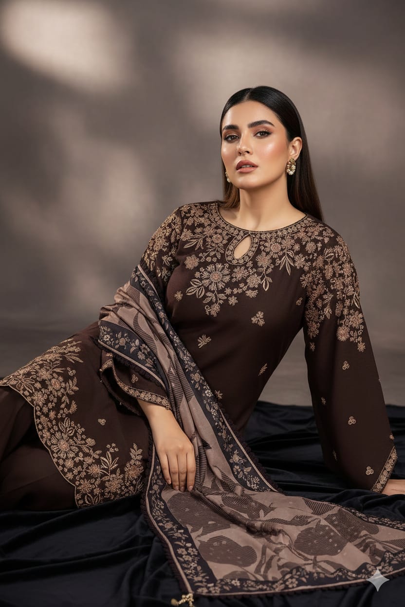 SP-BQ140 Dhanak Embroidered Suit With Digital Printed Wool Shawl - Shaa Posh