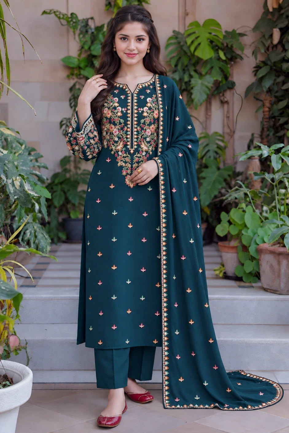 SP-D2900 HIGHLY RECOMMENDED (8.2 Meters) Unstitched Fully Embroidered Dhanak Suit With Embroidered Dhanak Shawl