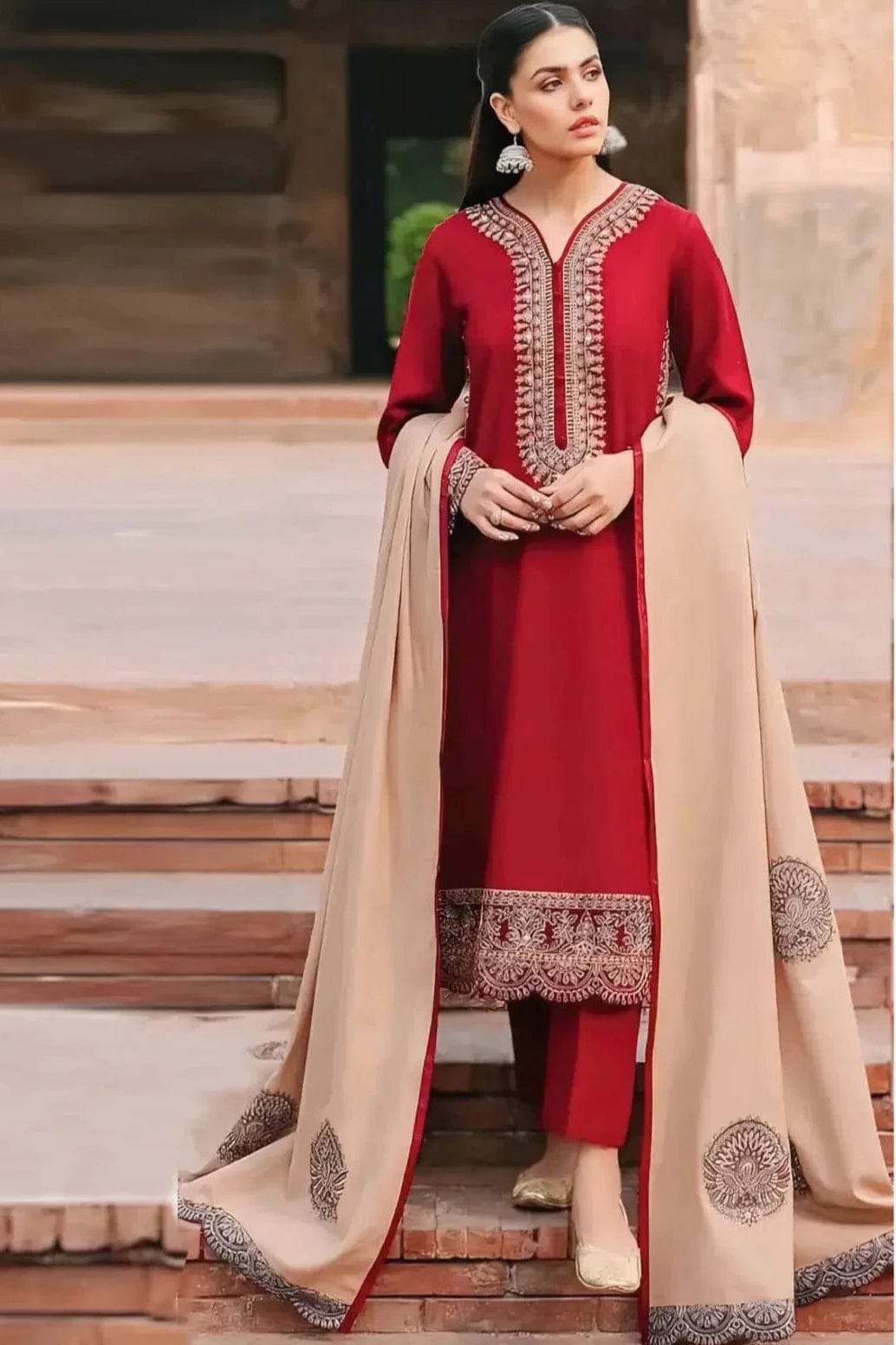 SP-ZK970 Unstitched Embroidered Dhanak Suit With Embroidered Dhanak Shawl - Shaa Posh