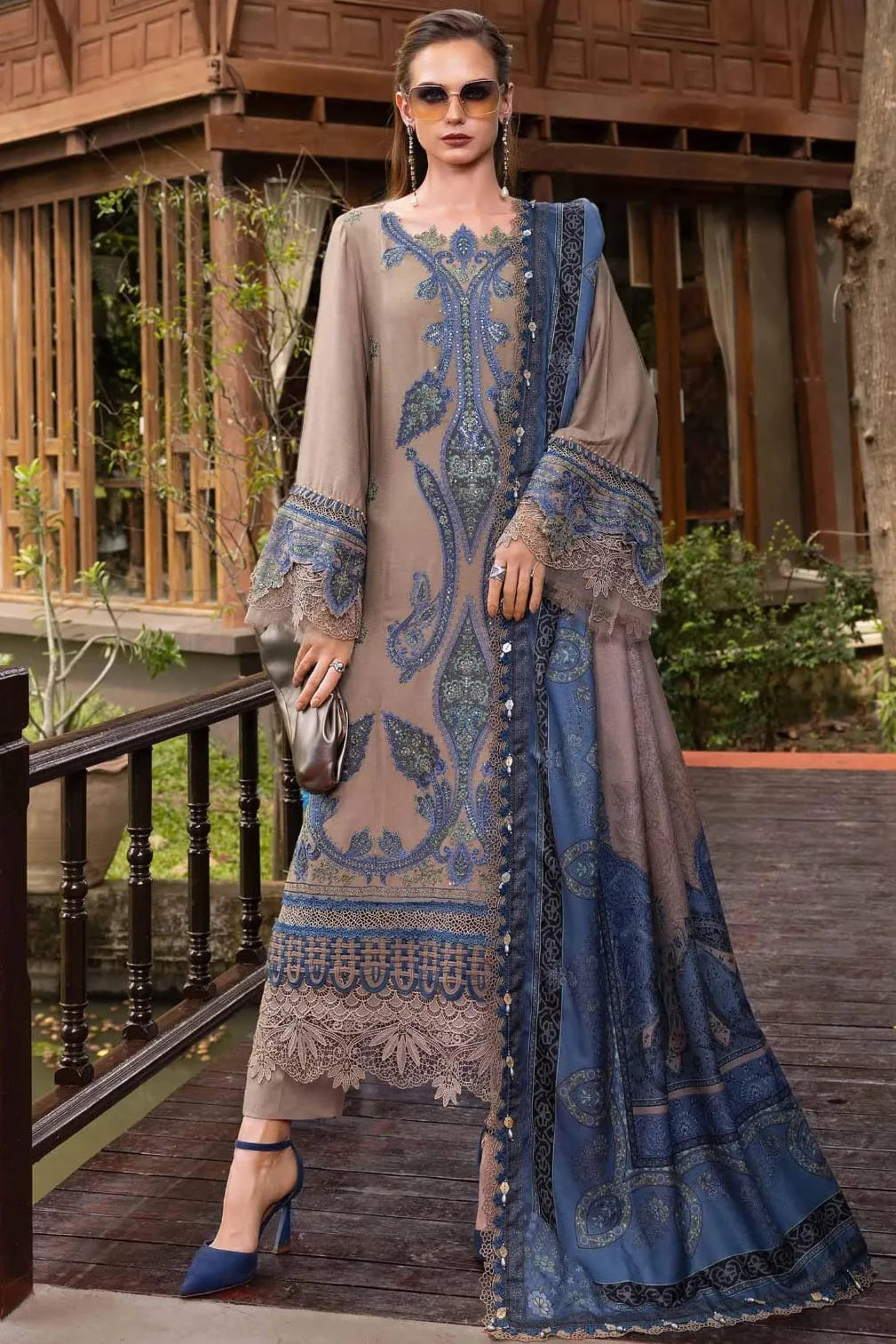 SP-MB3050 Unstitched Fully Embroidered Dhanak Suit With Digital Printed Wool Shawl