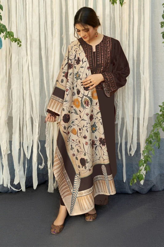 SP-845(B) Dhanak Embroidered Suit With Digital Printed Wool Shawl - Shaa Posh