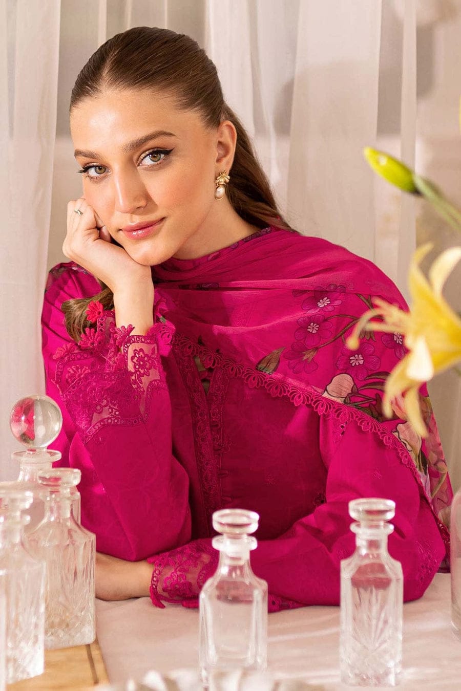 SP-FR2725 Lawn Unstitched Embroidered 3pc Suit With Digital Printed Cotton Lawn Dupatta - Shaa Posh