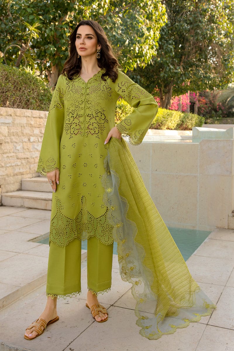 Unstitched lawn chikenkari 3-piece suit by Shaa Posh with embroidered cotton net dupatta, displayed on a flat surface.