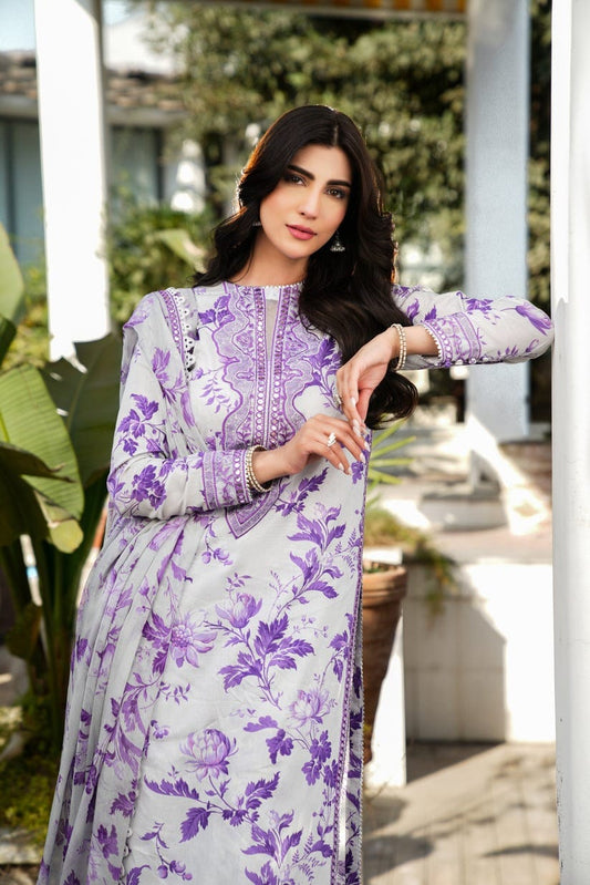 Unstitched digital lawn suit by Shaa Posh featuring embroidered neck, sleeves, and a four-side embroidered dupatta with vibrant design.