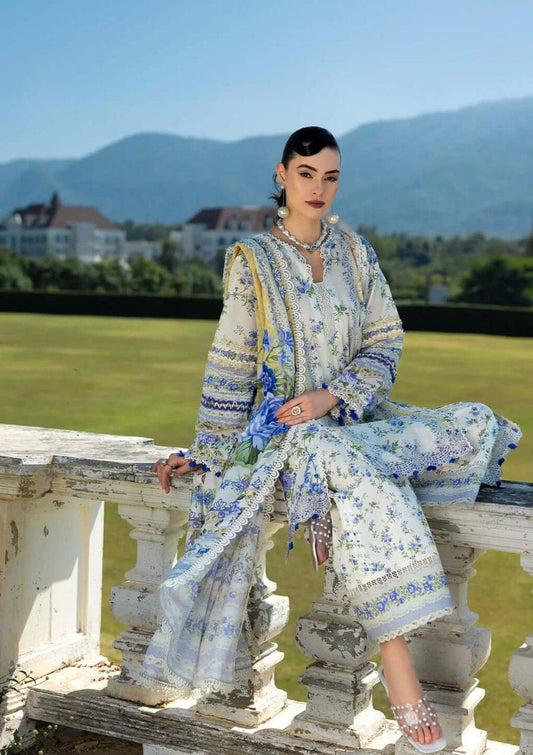 Unstitched Shaa Posh digital printed lawn suit 3-piece with matching printed lawn dupatta, featuring vibrant floral patterns.