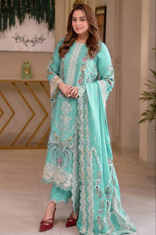 Embroidered lawn 3-piece suit with dupatta by Shaa Posh, featuring detailed embroidery on the unstitched fabric and matching dupatta.