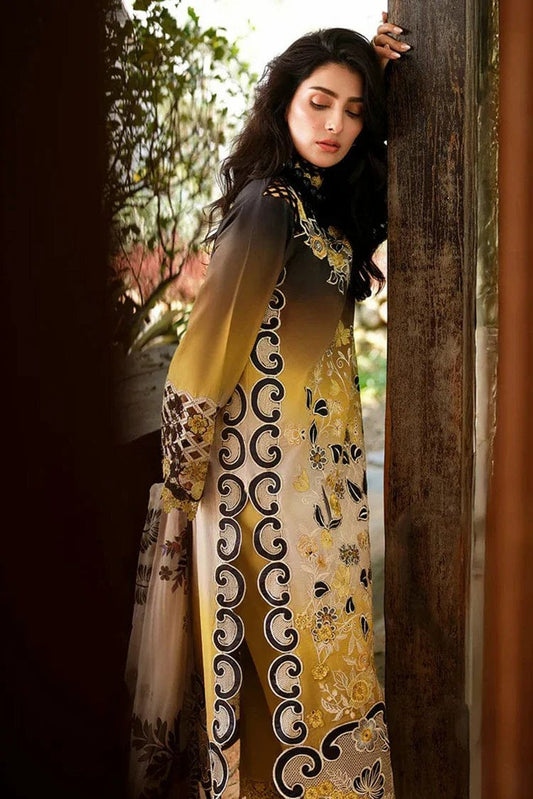 Unstitched digital printed lawn suit 3-piece set by Shaa Posh with matching printed lawn dupatta, displayed on a flat surface.