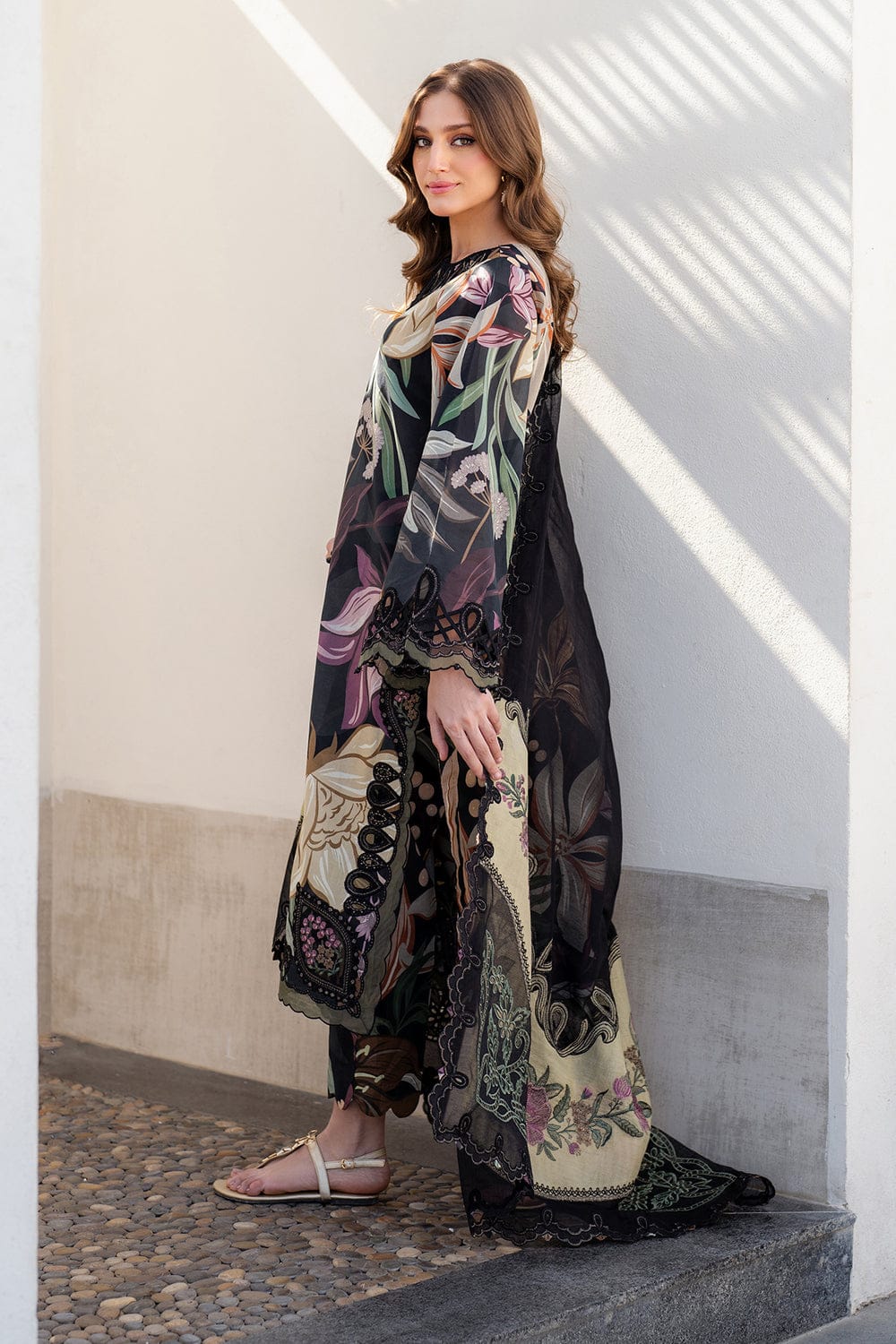 Unstitched Shaa Posh digital printed lawn suit 3-piece with matching printed lawn dupatta, featuring vibrant floral patterns.