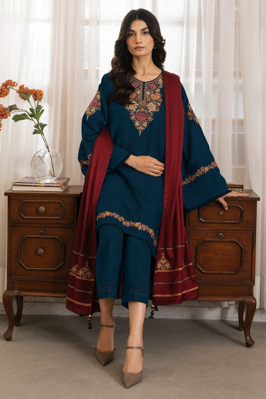 SP-JS08 Unstitched Fully Embroided Dhanak Suit With Dhanak Embroided Shawl