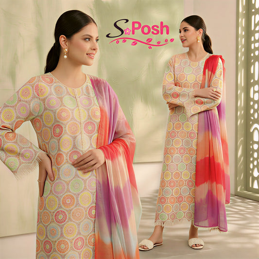 Unstitched digital lawn 3-piece suit by Shaa Posh with digital crinkle dupatta, featuring vibrant prints and elegant fabric details.