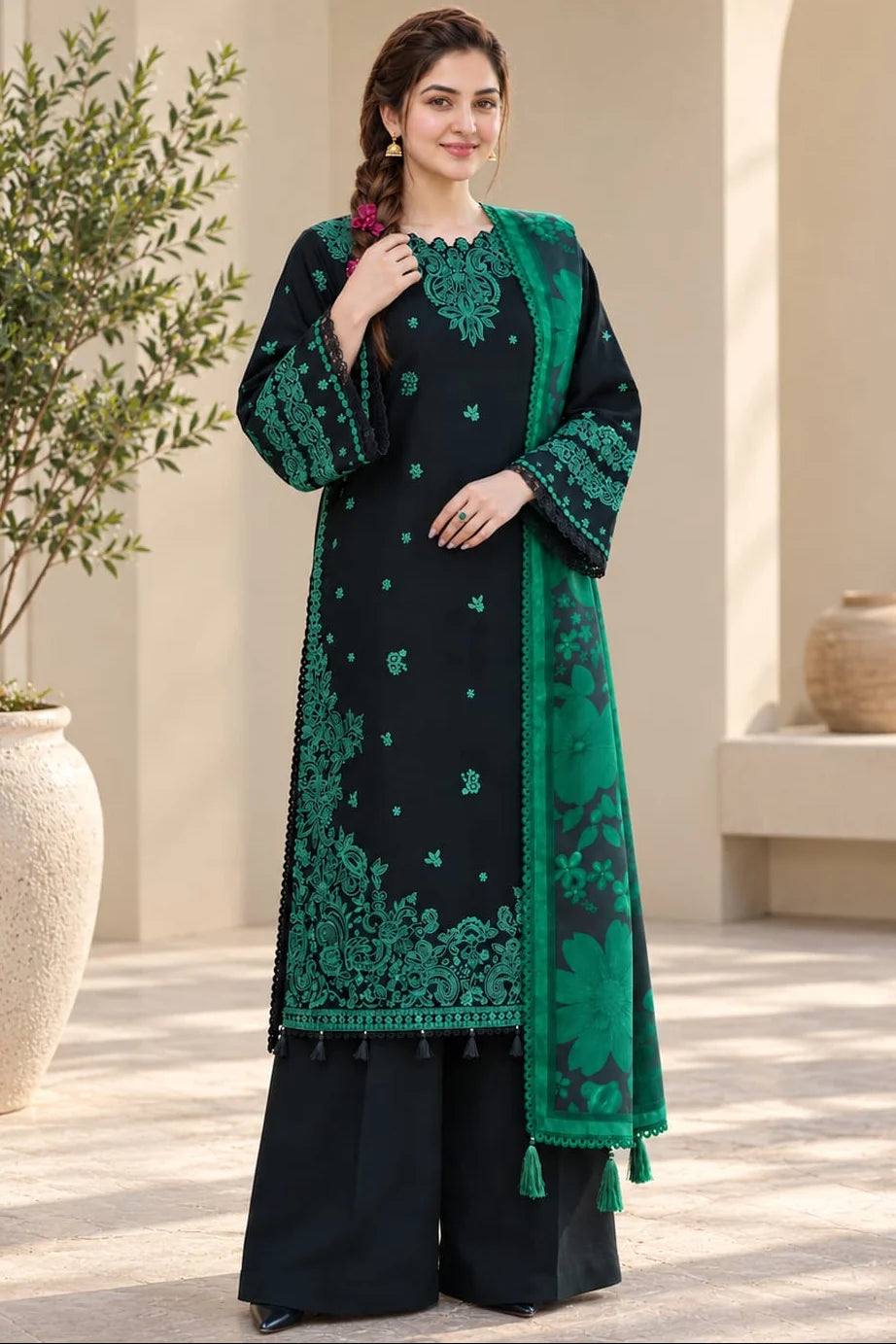 SP-BQ150 3Pc Un-Stitched Dhanak Embroidered Suit With Digital Printed Poly Wool Shawl