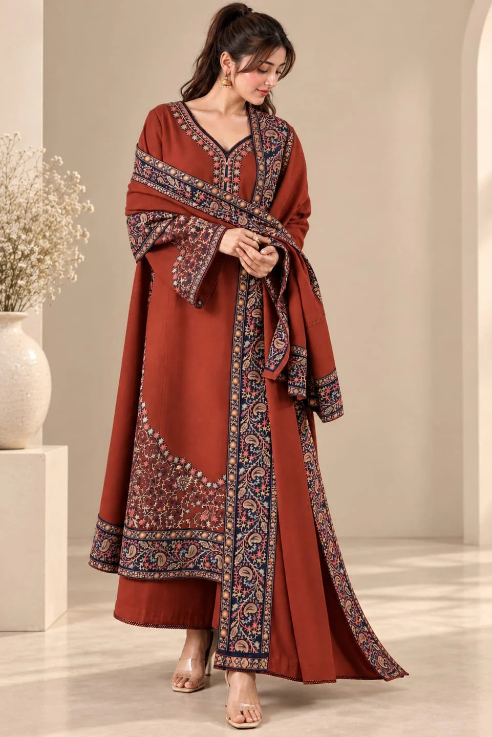 SP-BT2880(B) Unstitched Fully Embroidered Dhanak Suit With Embroidered Dhanak Shawl