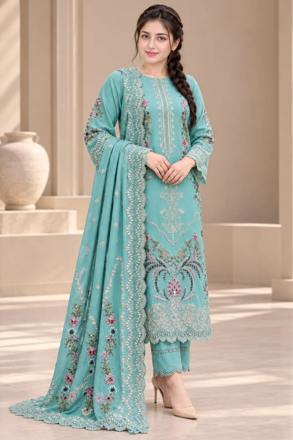 SP-AS2736(D) Dhanak Unstitched Embroidered 3pc Suit With Dhanak Embroidered Shawl