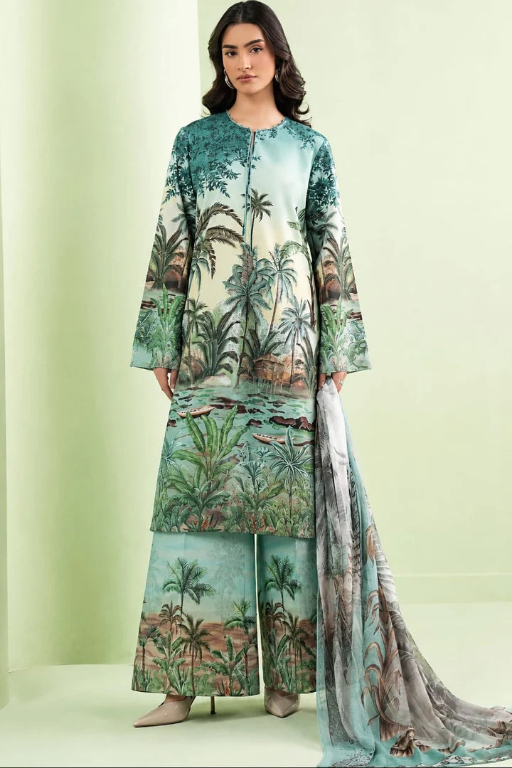 Digital printed lawn suit 3-piece set with matching dupatta by Shaa Posh, featuring intricate floral patterns and vibrant colors.