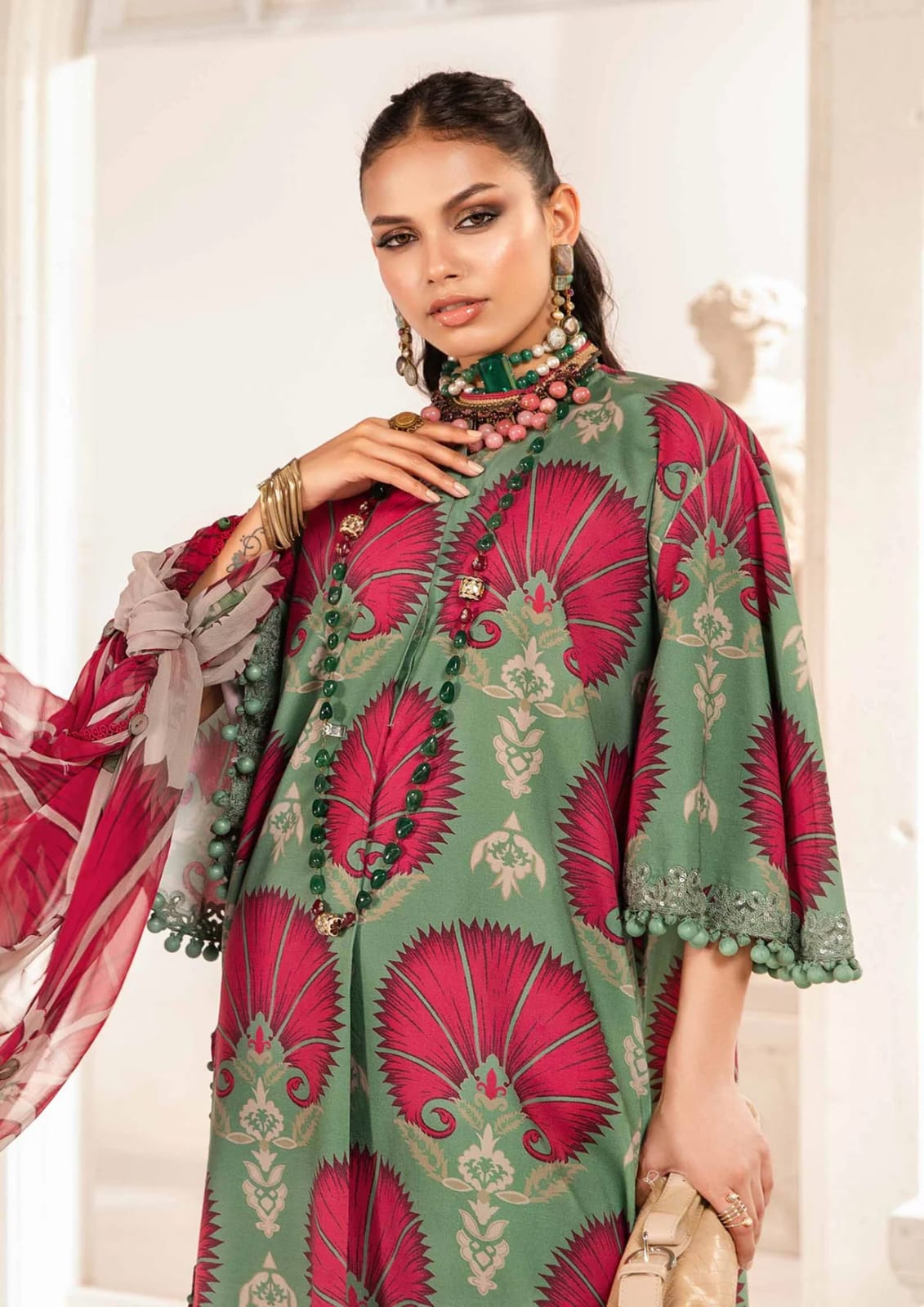 Digital printed unstitched lawn suit 3-piece set with matching dupatta by Shaa Posh, featuring vibrant floral and geometric designs.