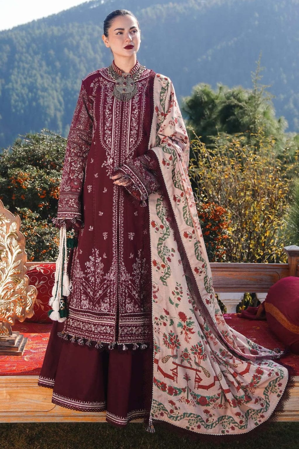SP-HR890 Unstitched Heavy Embroidered Dhanak Suit With Embroidered Dhanak Shawl - Shaa Posh