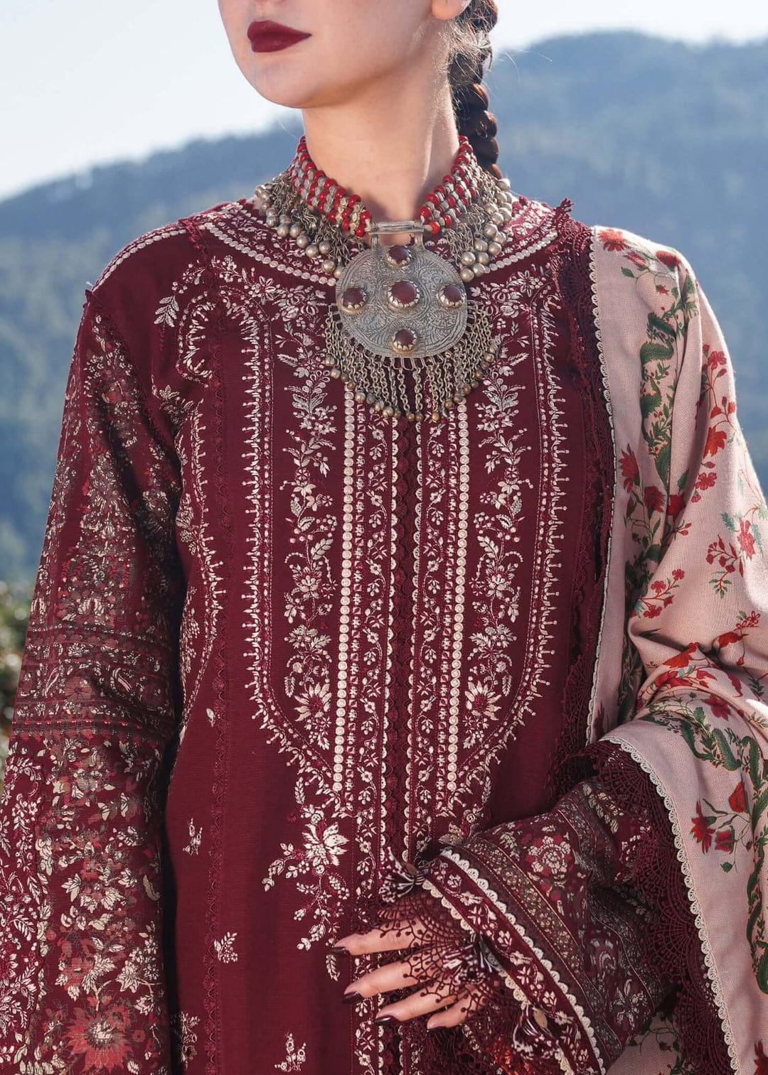 SP-HR890 Unstitched Heavy Embroidered Dhanak Suit With Embroidered Dhanak Shawl - Shaa Posh