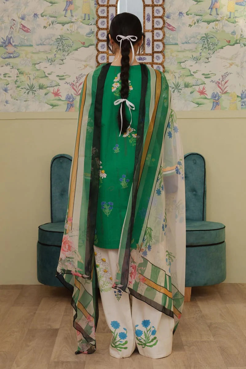 Shaa Posh digital printed 3-piece unstitched lawn suit with matching monar dupatta, featuring vibrant floral designs and intricate patterns.