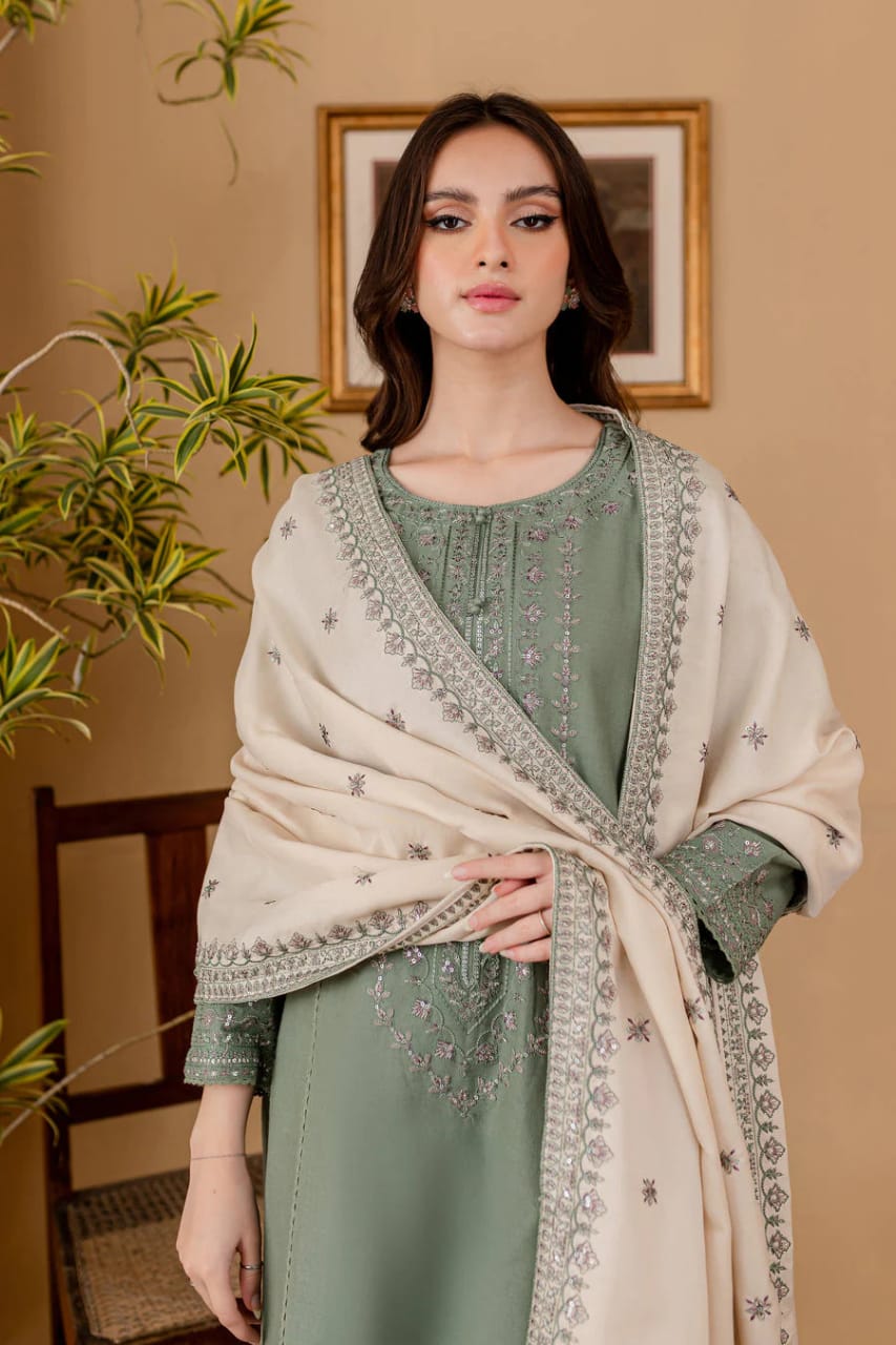 SP-RP600 Unstitched Heavy Embroidered Dhanak Suit With Embroidered Dhanak Shawl - Shaa Posh