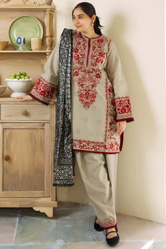 SP-57 Unstitched Fully Embroided Dhanak Suit With Wool Shawl - Shaa Posh