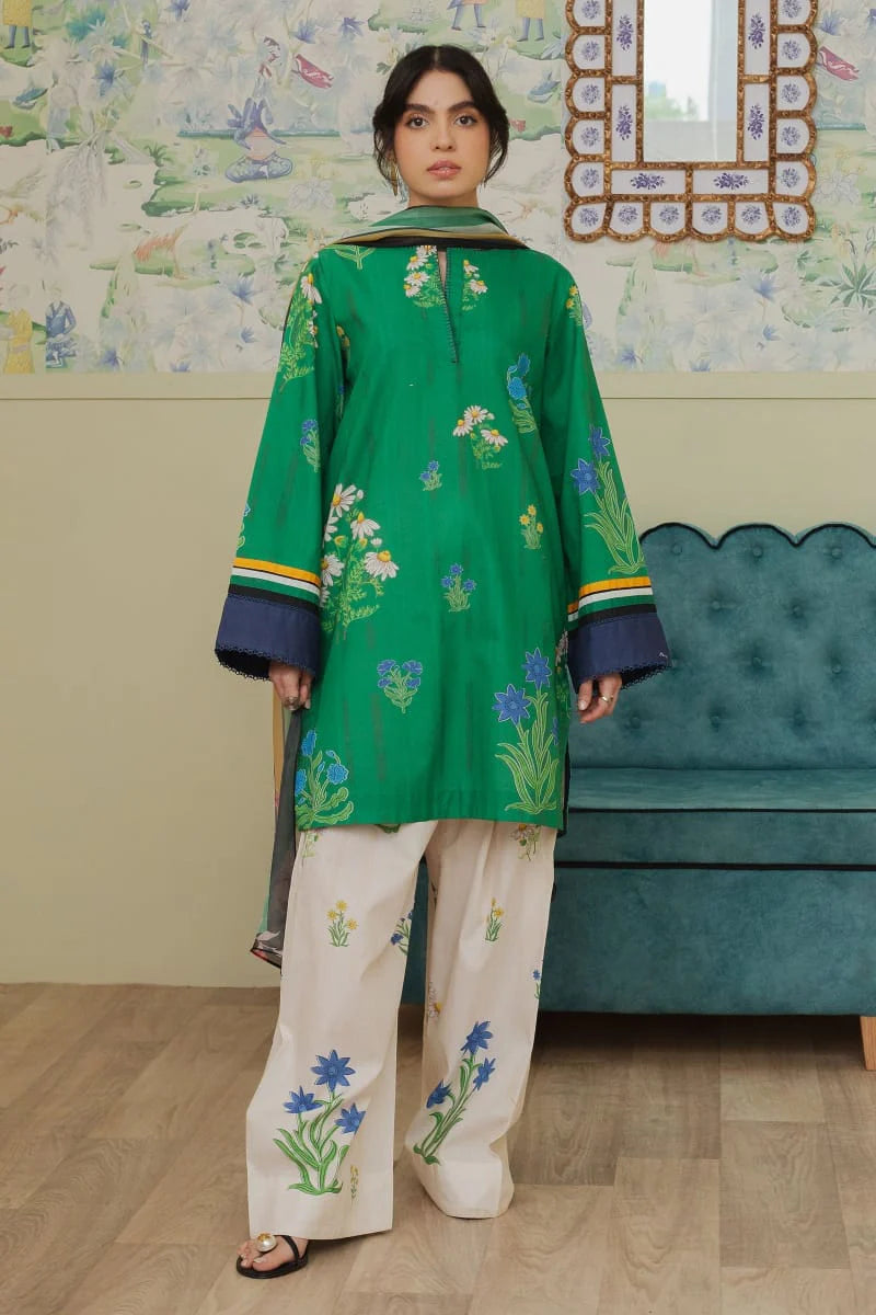 Digital printed 3-piece unstitched lawn suit with monar dupatta by Shaa Posh, featuring vibrant floral and geometric patterns.