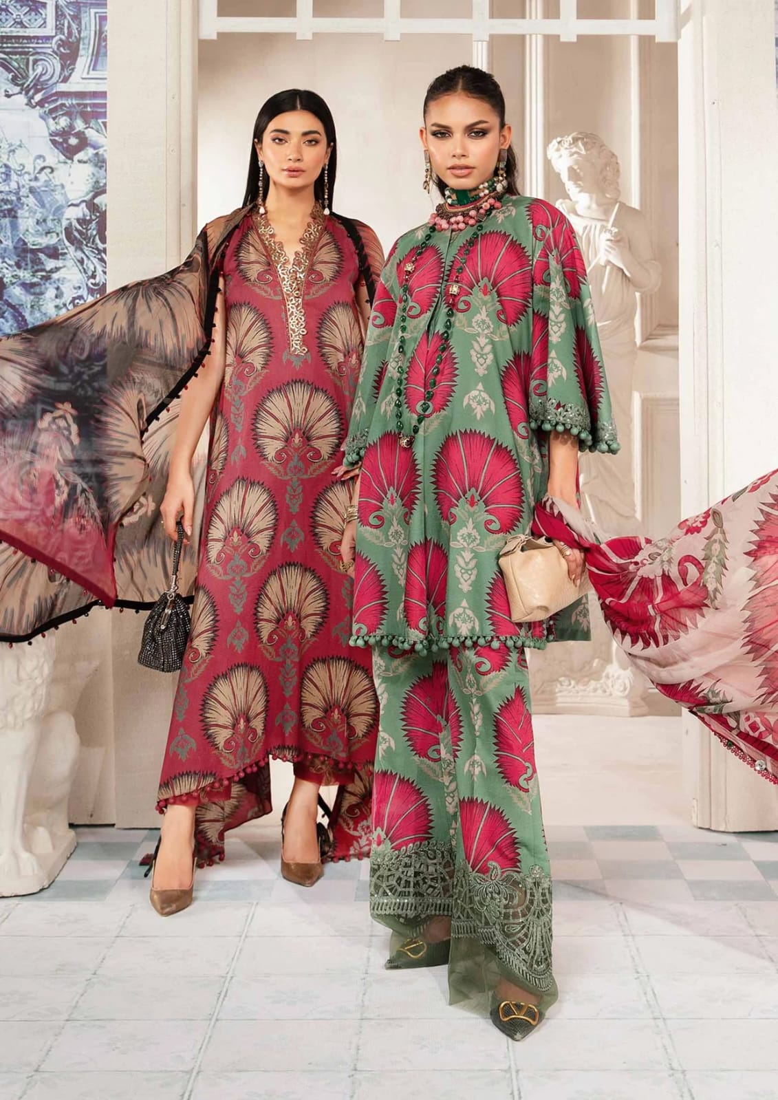 Shaa Posh SP-MB444 digital printed unstitched lawn suit 3-piece set with matching lawn digital printed dupatta displayed.