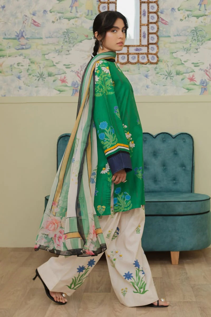 Digital printed 3-piece unstitched lawn suit by Shaa Posh, featuring a printed Monar dupatta and vibrant fabric design.