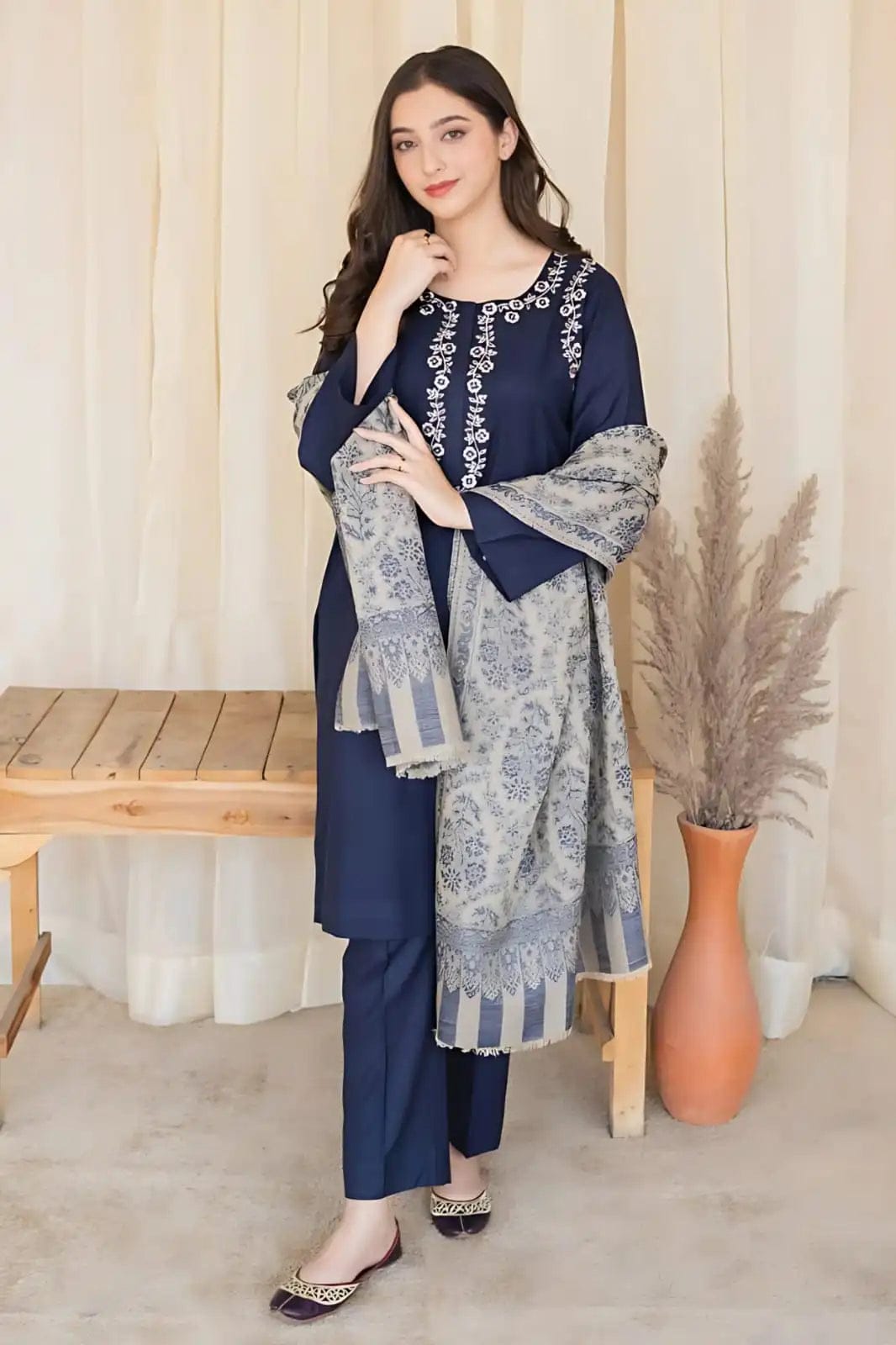 SP-MB830 Unstitched Fully Embroided Dhanak Suit With Wool Shawl - Shaa Posh