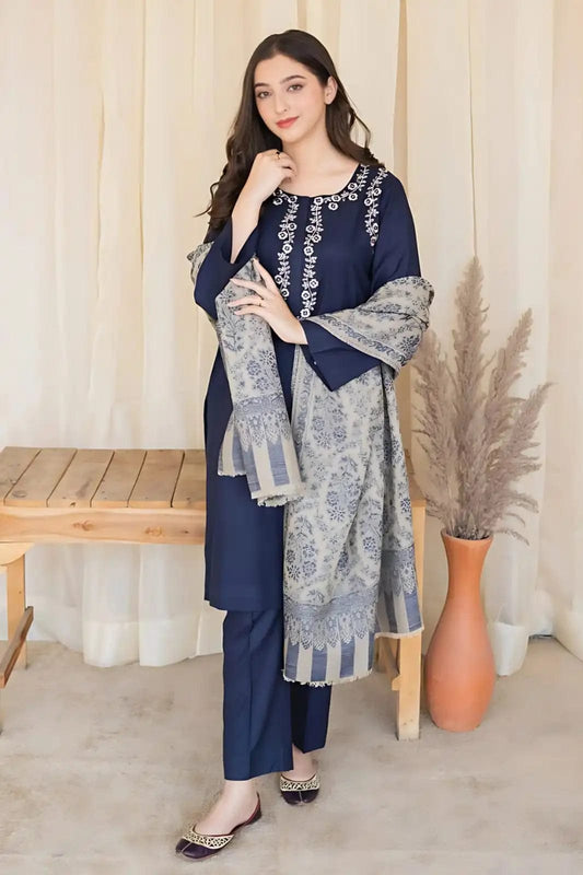 SP-MB830 Unstitched Fully Embroided Dhanak Suit With Wool Shawl - Shaa Posh