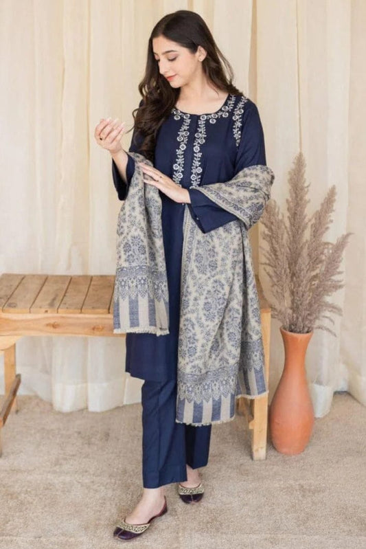 SP-MB830 Unstitched Fully Embroided Dhanak Suit With Wool Shawl - Shaa Posh