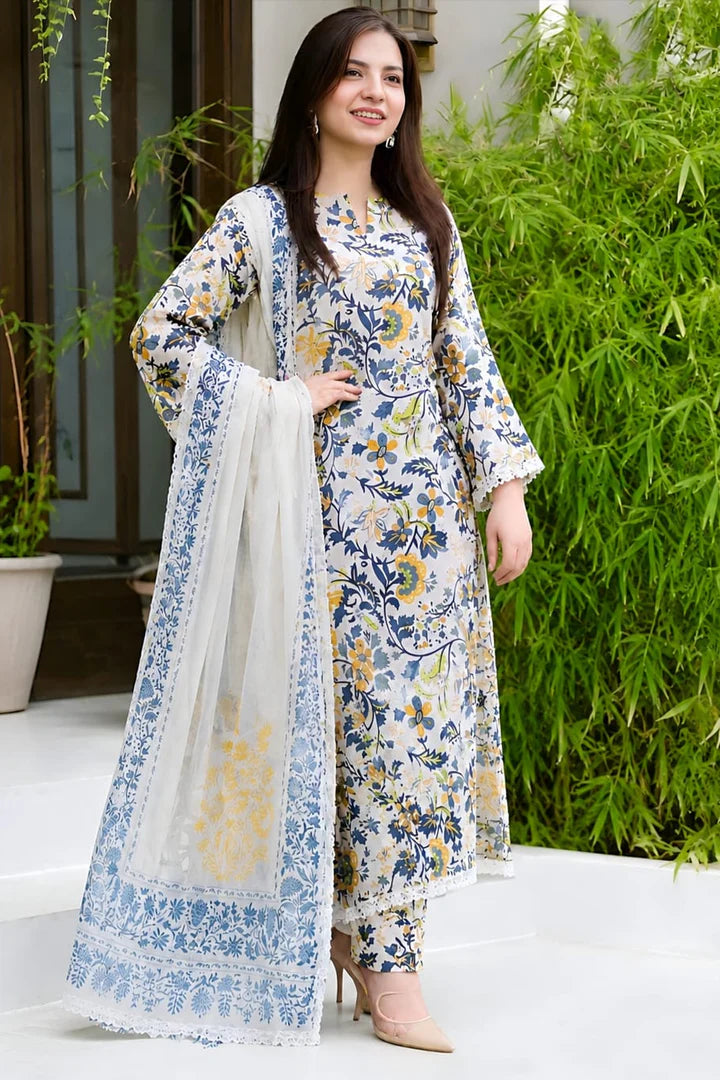 Digital printed lawn suit 3-piece set with matching dupatta by Shaa Posh, featuring intricate design and vibrant colors.