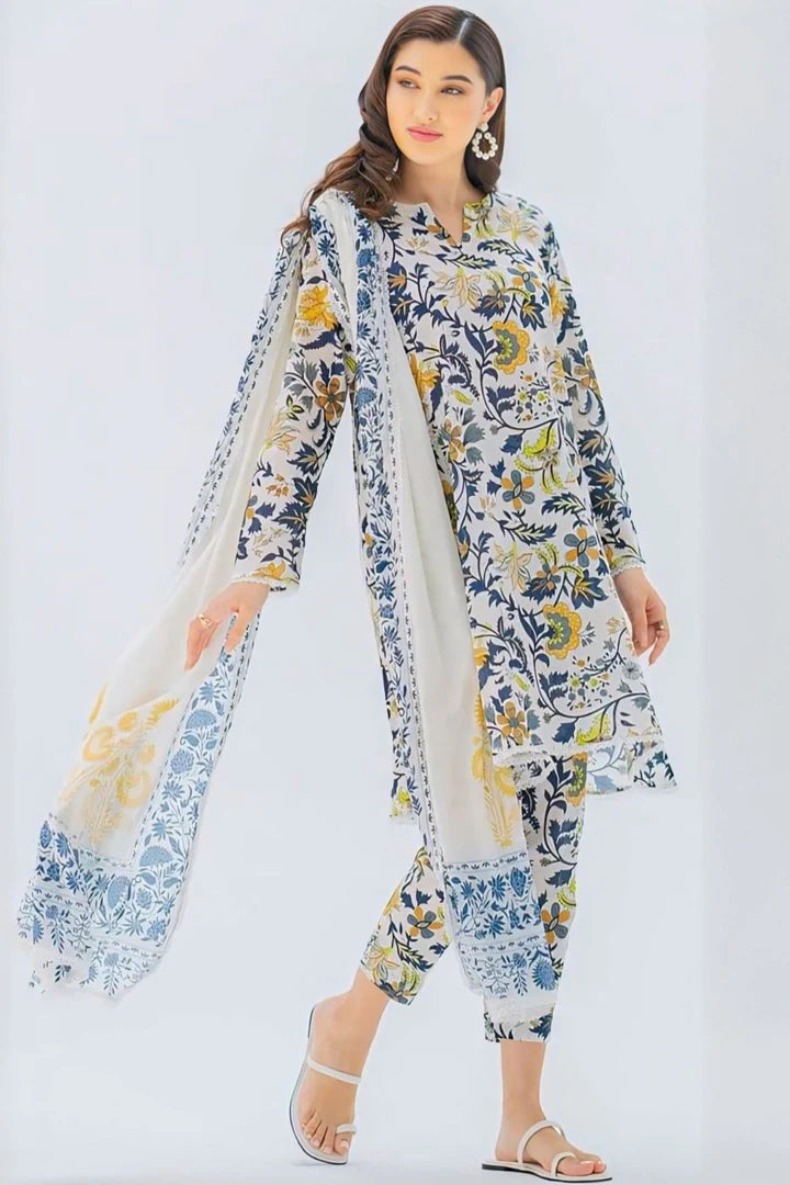 Digital printed lawn suit 3-piece set by Shaa Posh featuring a vibrant lawn digital printed dupatta and matching fabric.