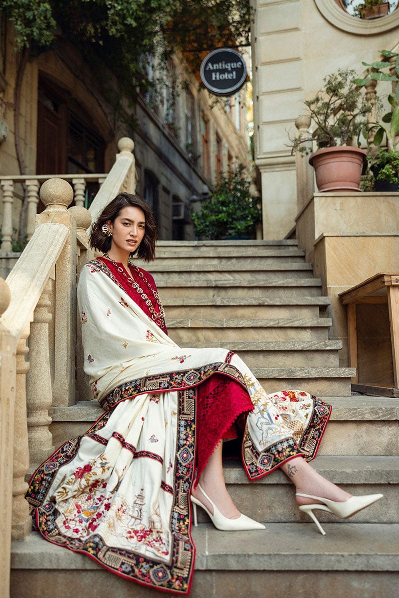 SP-MQ560 Dhanak Embroidered Suit with Dhanak Embroidered Shawl - Shaa Posh