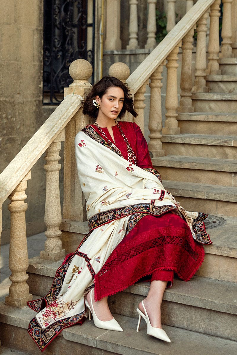 SP-MQ560 Dhanak Embroidered Suit with Dhanak Embroidered Shawl - Shaa Posh