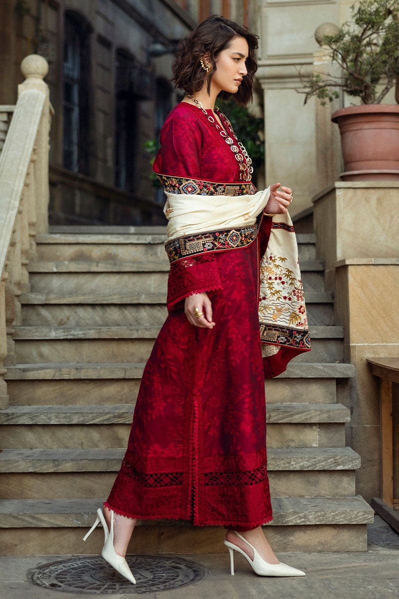 SP-MQ560 Dhanak Embroidered Suit with Dhanak Embroidered Shawl - Shaa Posh