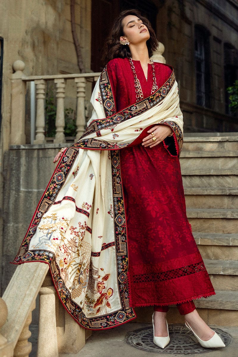 SP-MQ560 Dhanak Embroidered Suit with Dhanak Embroidered Shawl - Shaa Posh