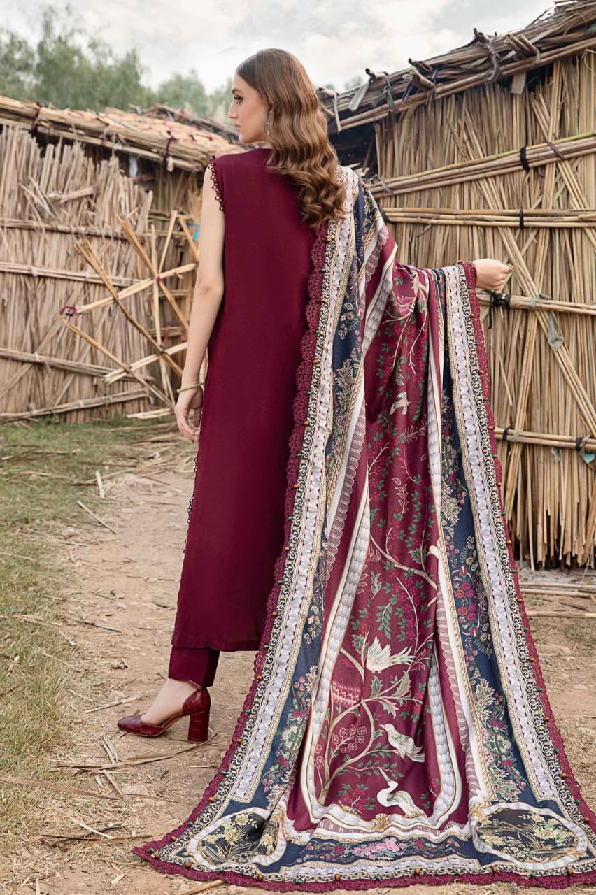 SP-HR515 Dhanak Embroidered Suit With Digital Printed Woolen Shawl - Shaa Posh