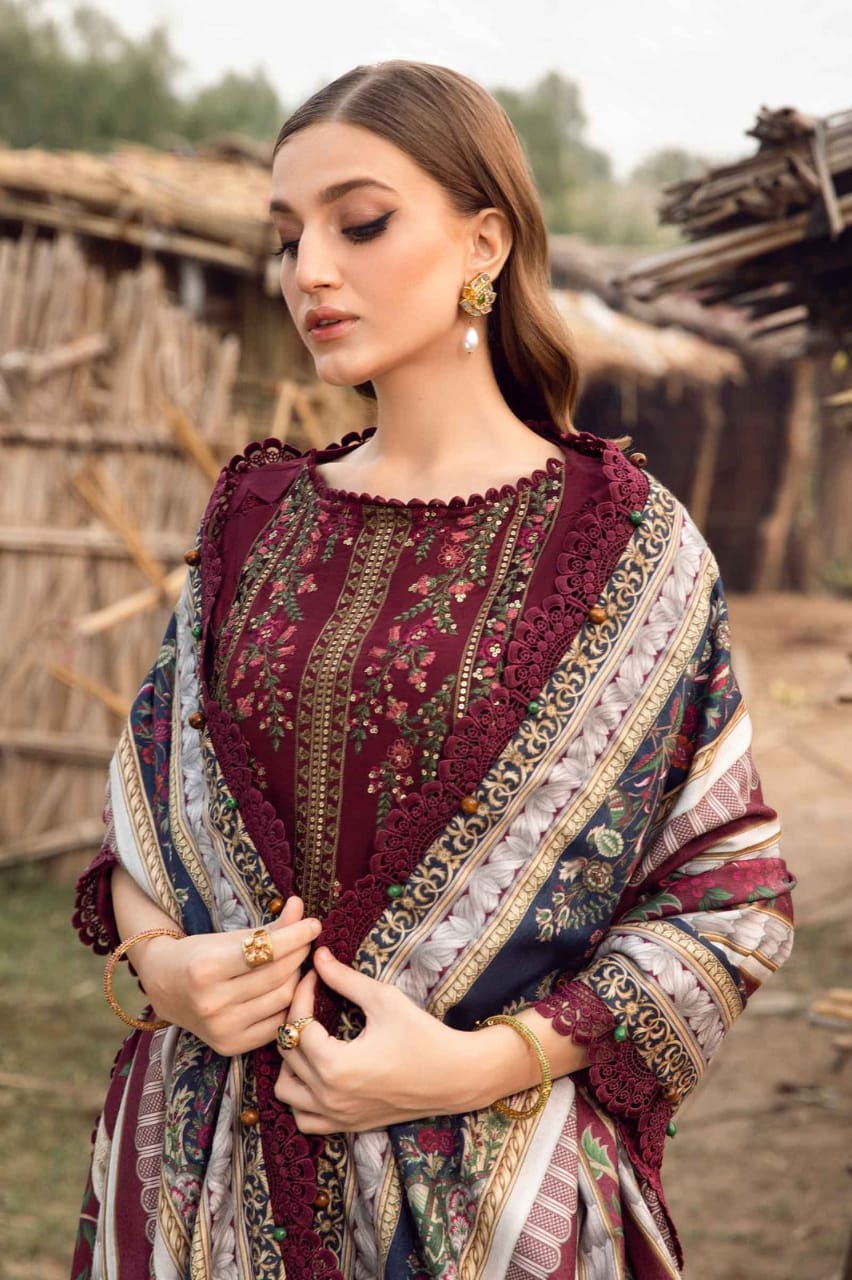 SP-HR515 Dhanak Embroidered Suit With Digital Printed Woolen Shawl - Shaa Posh