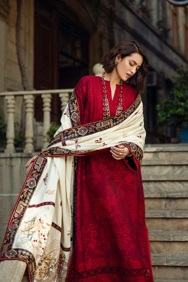 SP-MQ560 Dhanak Embroidered Suit with Dhanak Embroidered Shawl - Shaa Posh