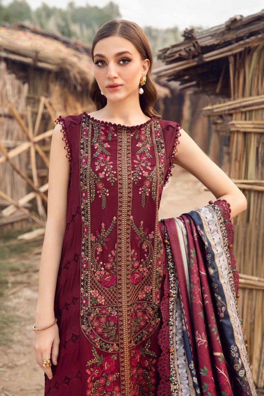 SP-HR515 Dhanak Embroidered Suit With Digital Printed Woolen Shawl - Shaa Posh