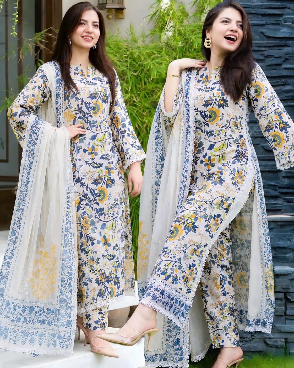 Digital printed lawn suit 3-piece set with matching dupatta by Shaa Posh, featuring vibrant floral designs and intricate patterns.