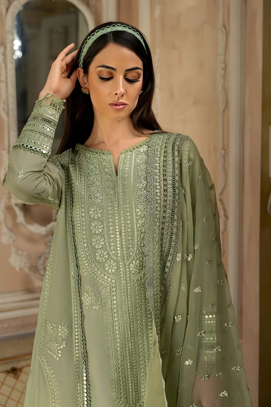 SP-SN60 3Pc Sequence Embroidered Lawn Suit With Sequence Embroidered Organza Dupatta - Shaa Posh