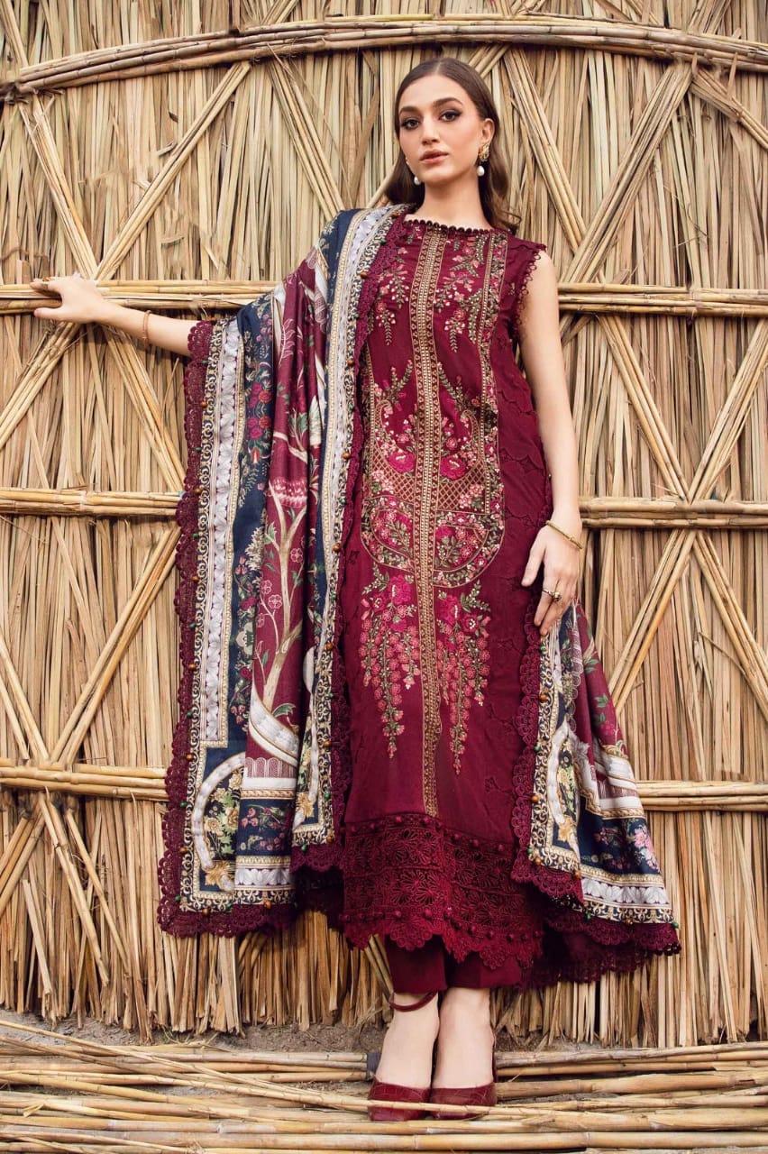 SP-HR515 Dhanak Embroidered Suit With Digital Printed Woolen Shawl - Shaa Posh