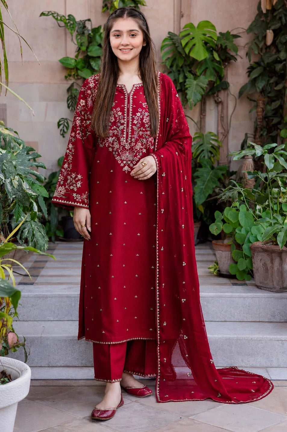 SP-D2700 (8.2 Meters) Unstitched Fully Embroidered Dhanak Suit With Embroidered Dhanak Shawl