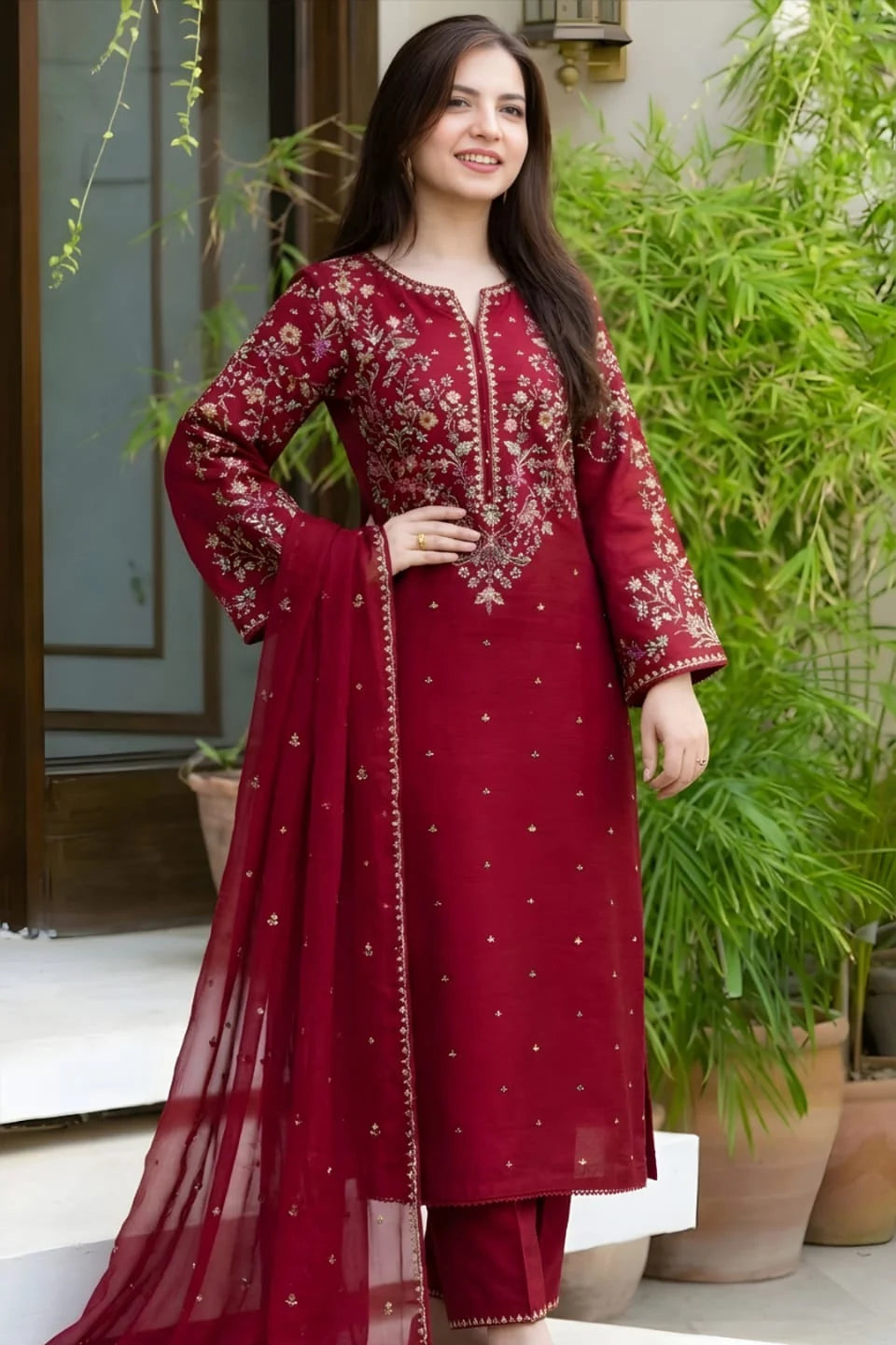 SP-D2700 (8.2 Meters) Unstitched Fully Embroidered Dhanak Suit With Embroidered Dhanak Shawl