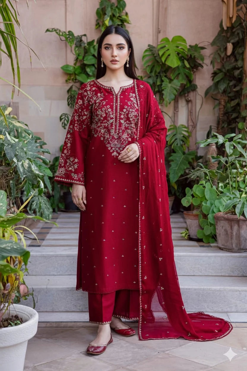 SP-D2700 (8.2 Meters) Unstitched Fully Embroidered Dhanak Suit With Embroidered Dhanak Shawl