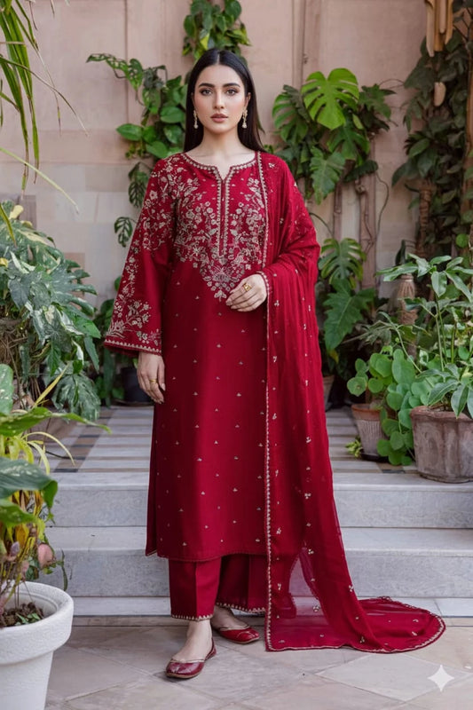 SP-D2700 (8.2 Meters) Unstitched Fully Embroidered Dhanak Suit With Embroidered Dhanak Shawl