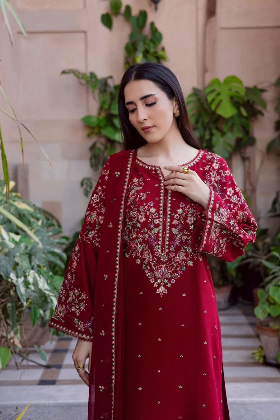 SP-D2700 (8.2 Meters) Unstitched Fully Embroidered Dhanak Suit With Embroidered Dhanak Shawl