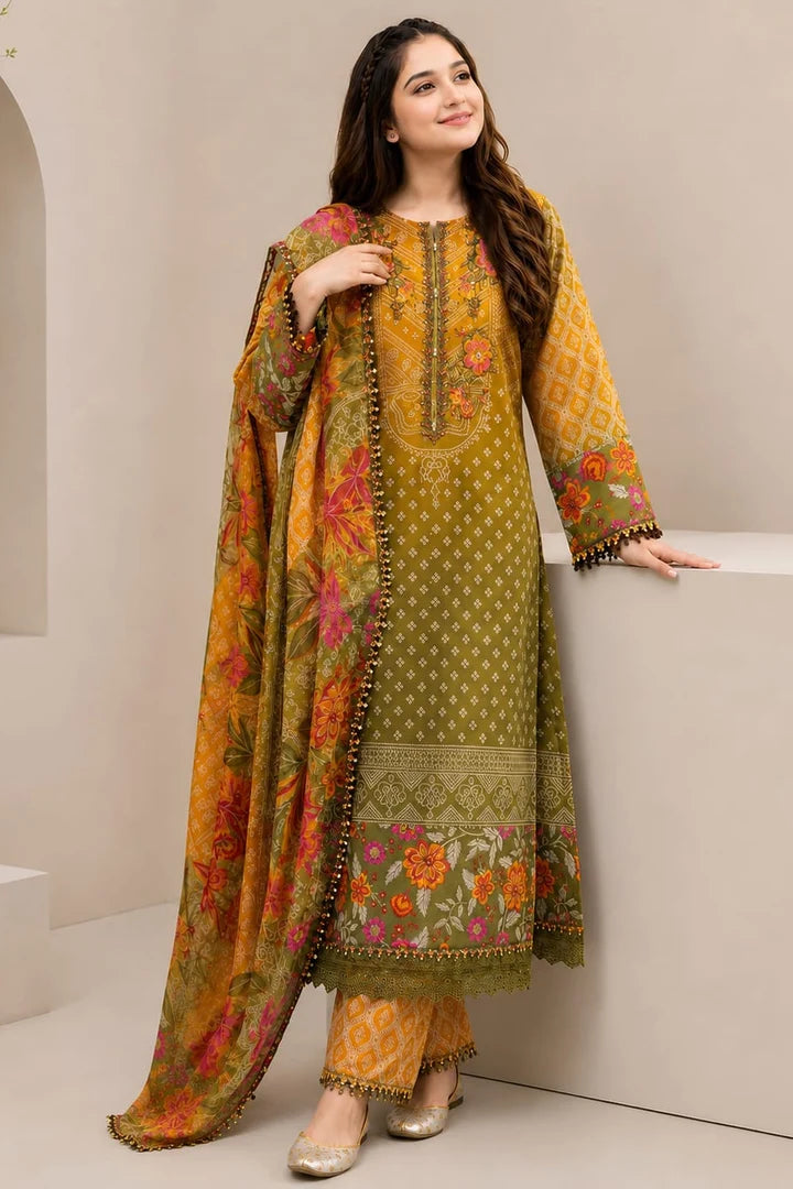 Digital printed lawn suit 3-piece set with matching dupatta from Shaa Posh, featuring vibrant floral patterns and intricate designs.